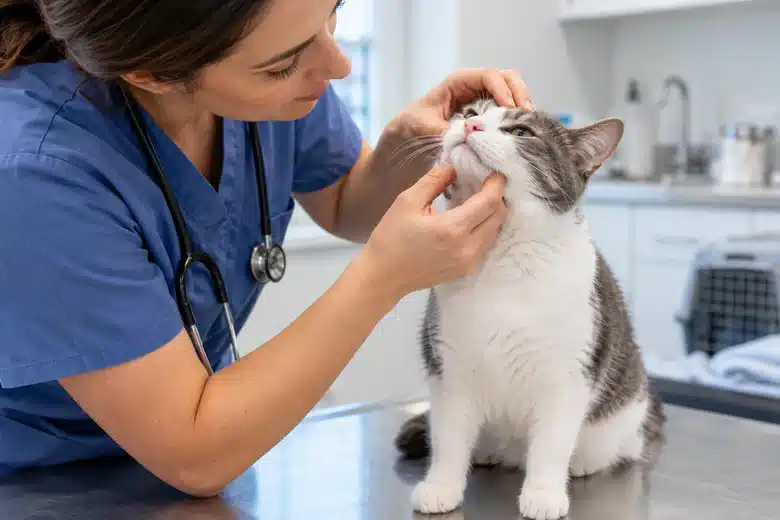 Cat undergoing a gentle external muzzle examination at a veterinary clinic