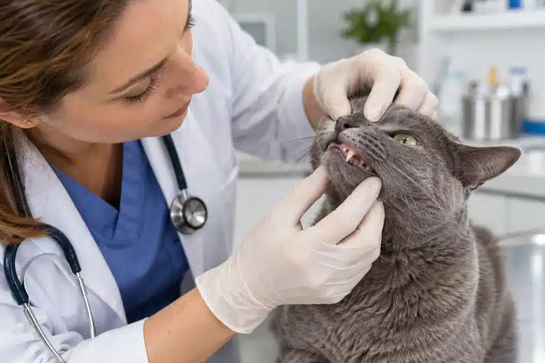 Veterinarian gently examining an awake gray cat’s mouth