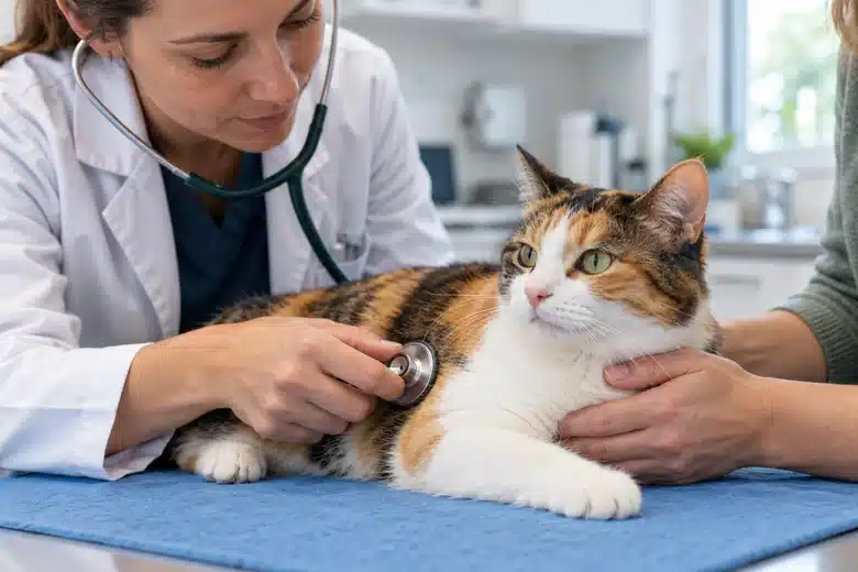 Veterinarian listening to a calm calico cat during a preventive examination