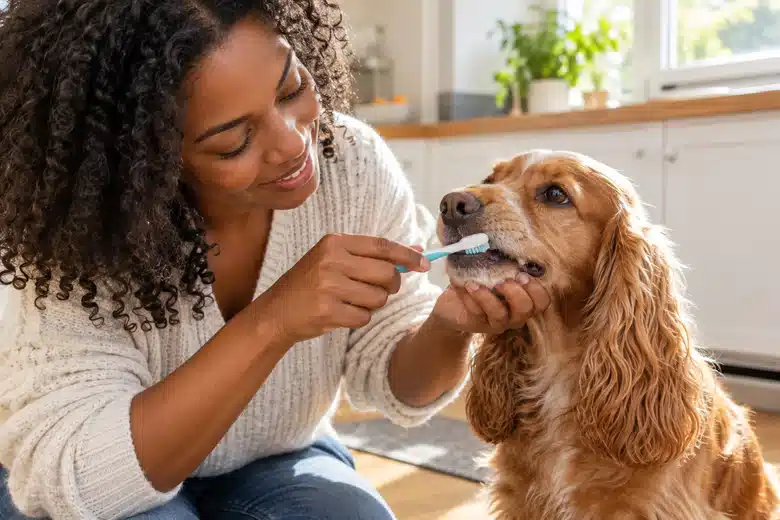 Woman gently brushing a golden spaniel’s teeth with a small pet toothbrush