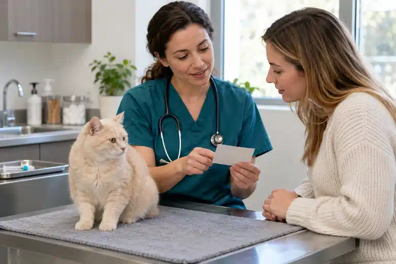 Cream-colored cat on an exam mat while a veterinarian and owner look at a blank appointment card