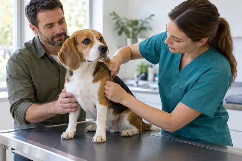 Beagle receiving a calm pre-vaccination veterinary examination