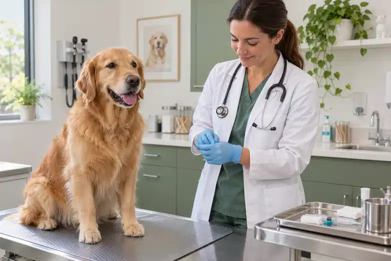 Golden retriever in a sage-colored clinic during a routine preventive visit
