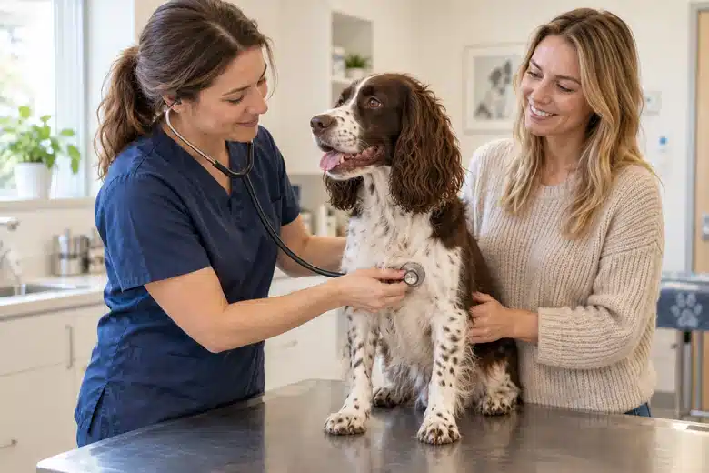 Veterinarian gently examining an adult spaniel during a routine wellness visit