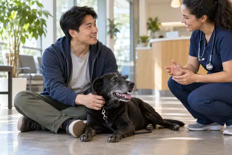 Adult man and adopted black dog in a calm veterinary waiting room