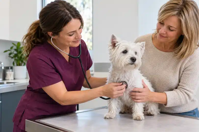 Veterinarian in plum scrubs listening to a white terrier’s chest while its owner steadies the dog on an exam table