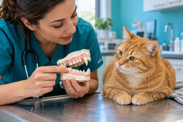 Veterinarian using a dental model beside a calm orange cat