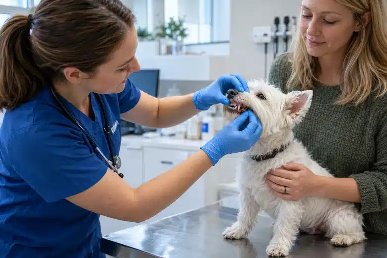 Veterinary nurse gently examining a white terrier’s mouth