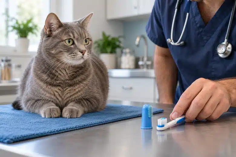 Gray cat beside a veterinary professional demonstrating pet toothbrushes in a clinic.