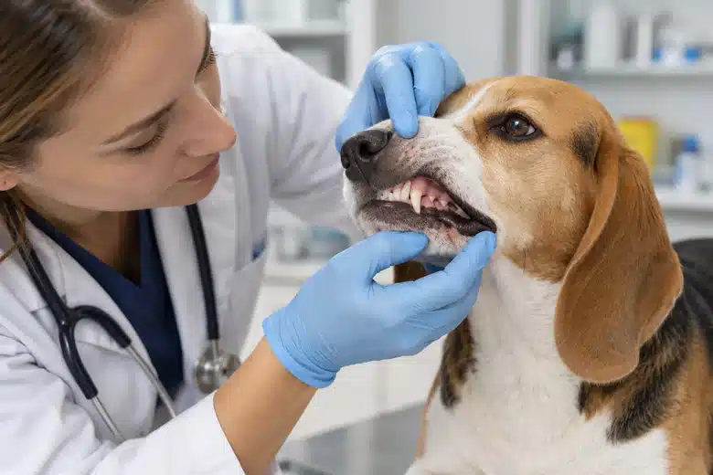 Veterinarian performs a gentle preliminary oral examination on a beagle.