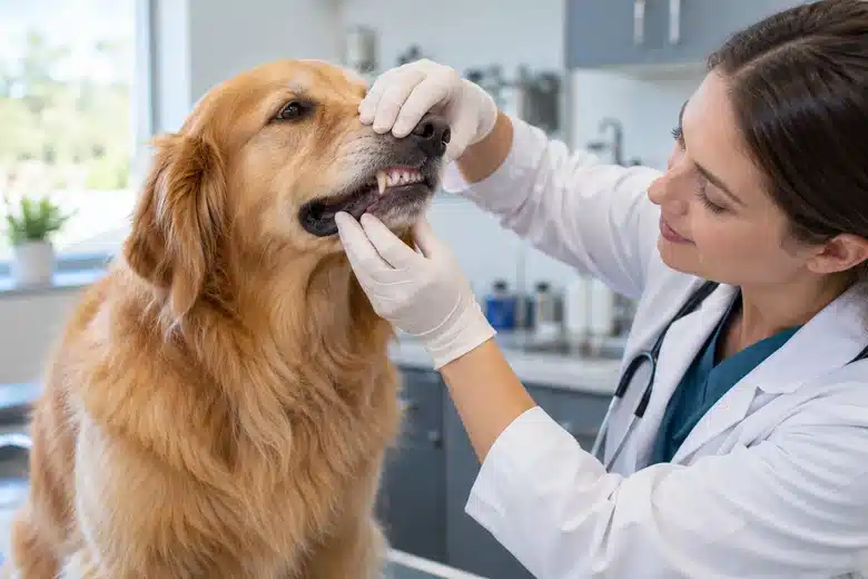 Veterinarian visually examining the teeth of a calm golden retriever