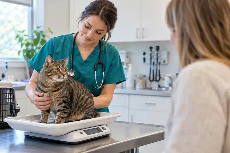 Veterinary nurse gently weighing a tabby cat during a routine visit