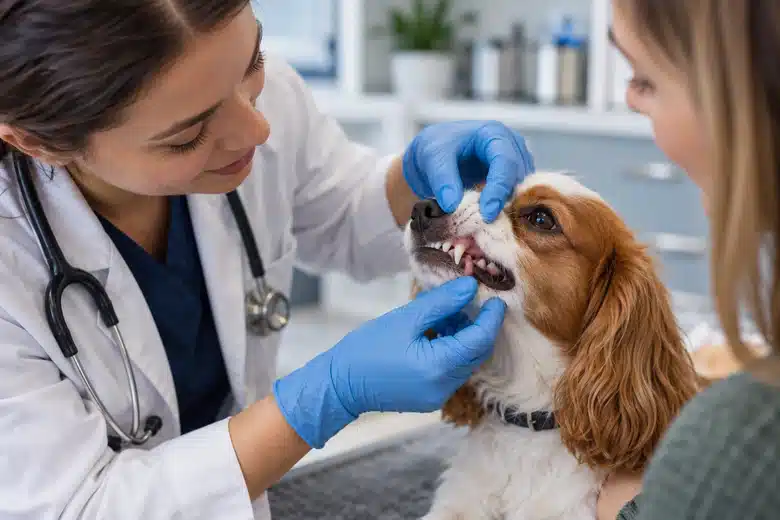 Veterinarian inspecting a small dog’s teeth during consultation