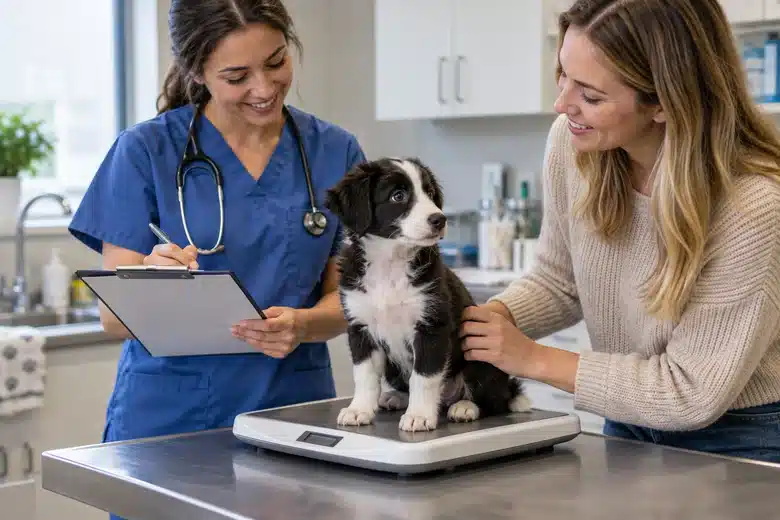 Puppy on a veterinary scale during a preventive visit with its owner