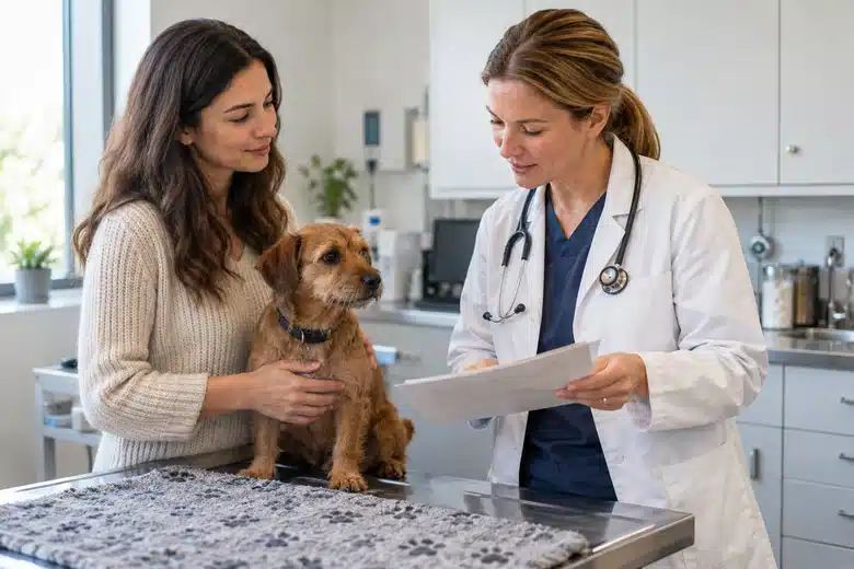 Dog and owner consulting a veterinarian about routine preventive care