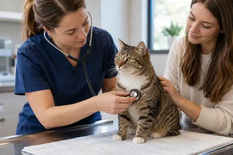 Veterinarian listening to a tabby cat during an illustrative routine examination