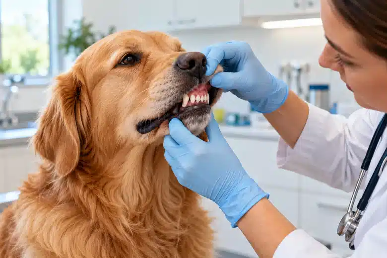 Veterinarian gently checking a golden retriever’s mouth in a bright clinic