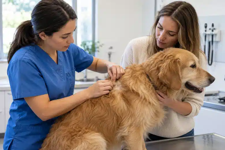Veterinarian examining a dog’s coat while the owner listens