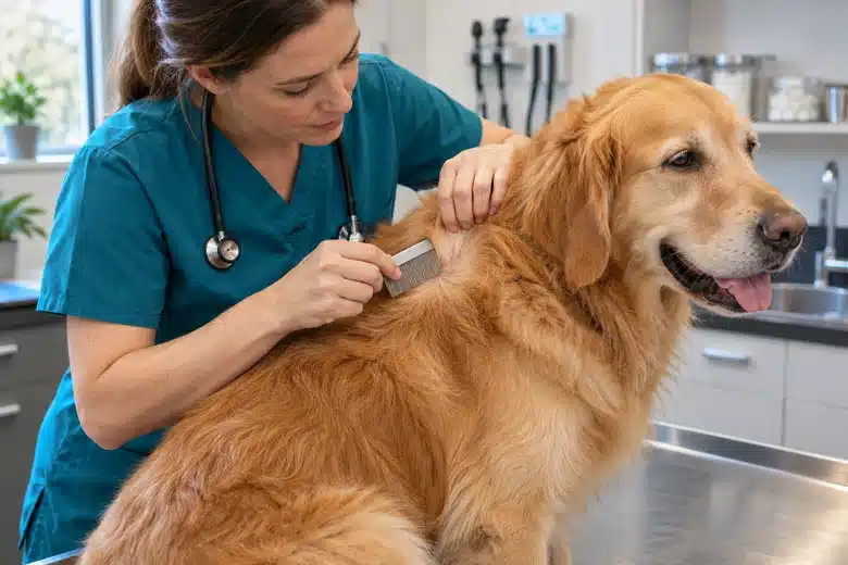 Veterinarian inspecting a golden dog’s coat with a flea comb