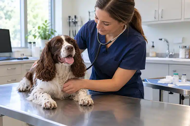 Spaniel and veterinarian during a routine wellness consultation with capped vaccine supplies in the background