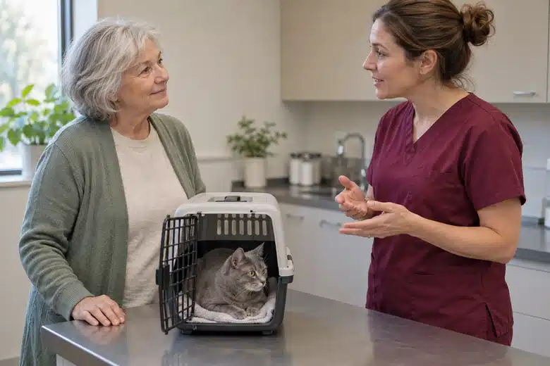 Gray cat resting in an open carrier during a clinic conversation