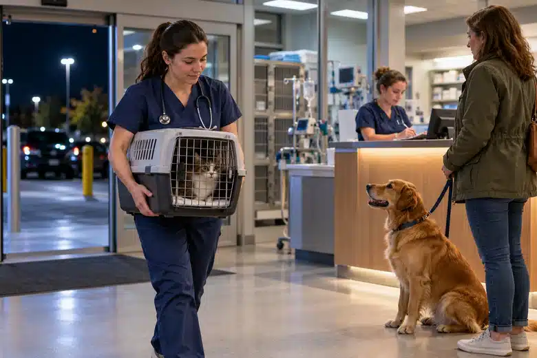 Nurse with a secure cat carrier in a calm nighttime veterinary triage area