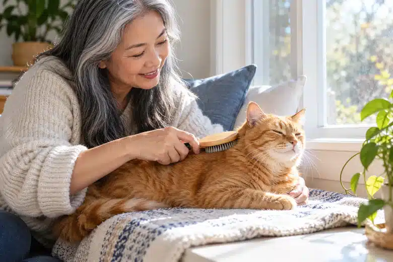 Older woman brushing an orange cat beside a sunlit window