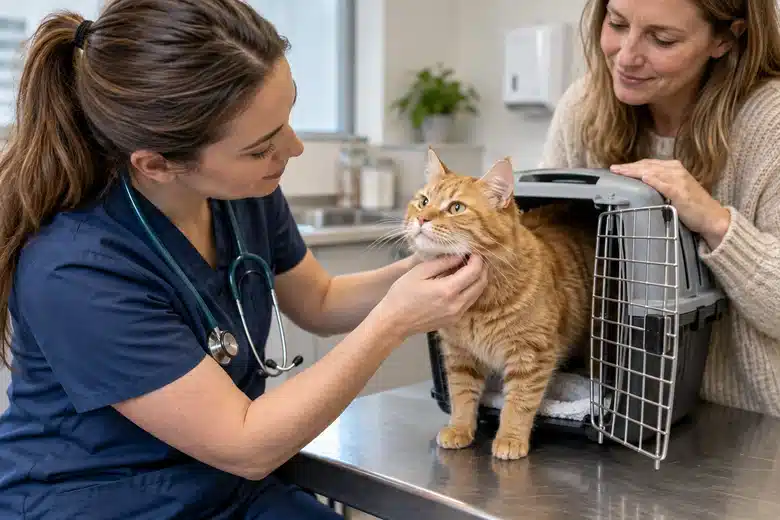 Veterinary professional examining an orange cat beside its carrier