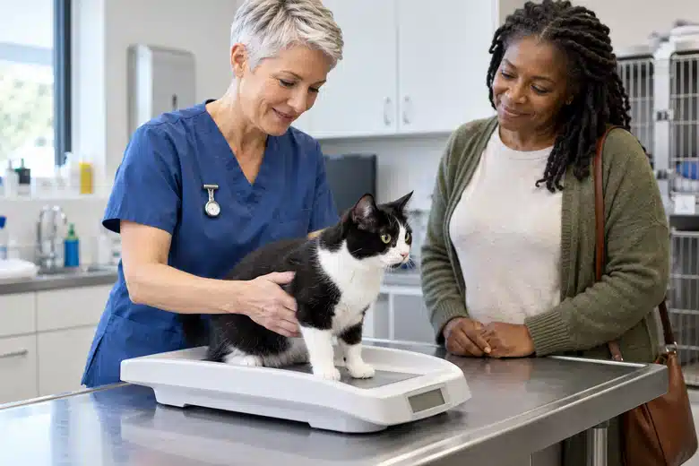 Nurse weighing a cat while its owner watches