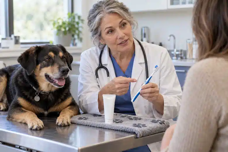 Black-and-tan dog beside a veterinarian discussing a pet toothbrush with an owner.
